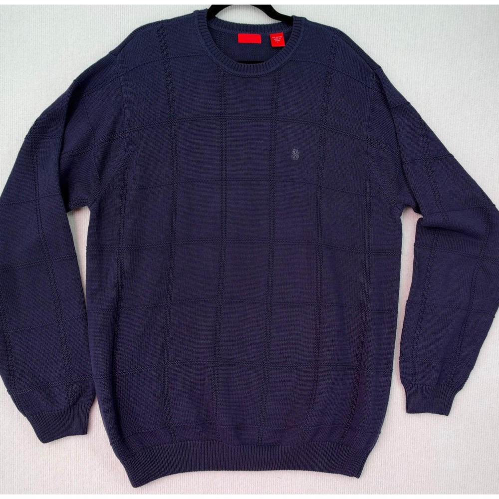 IZOD Mens Large Navy Blue 100% Cotton Crewneck Sweater Windowpane Check 0495
